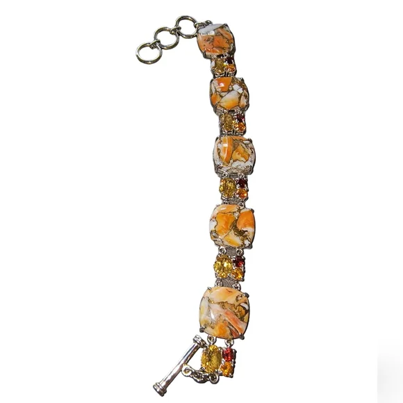 Spiny Oyster & Multi Gemstone Sterling Silver Toggle Bracelet: Adjustable - Picture 3 of 13